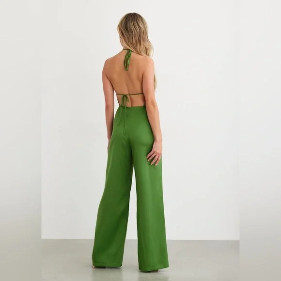 Green Halter Wide-Leg Jumpsuit - Picture 2 of 11